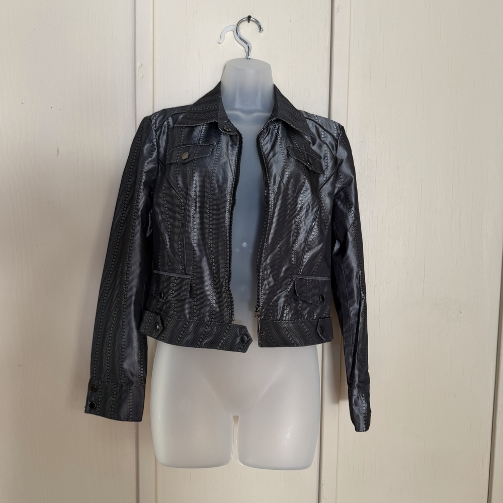 Insight New York Jacket Womens 8 Silver Short Striped Taffeta Zip Pockets Moto